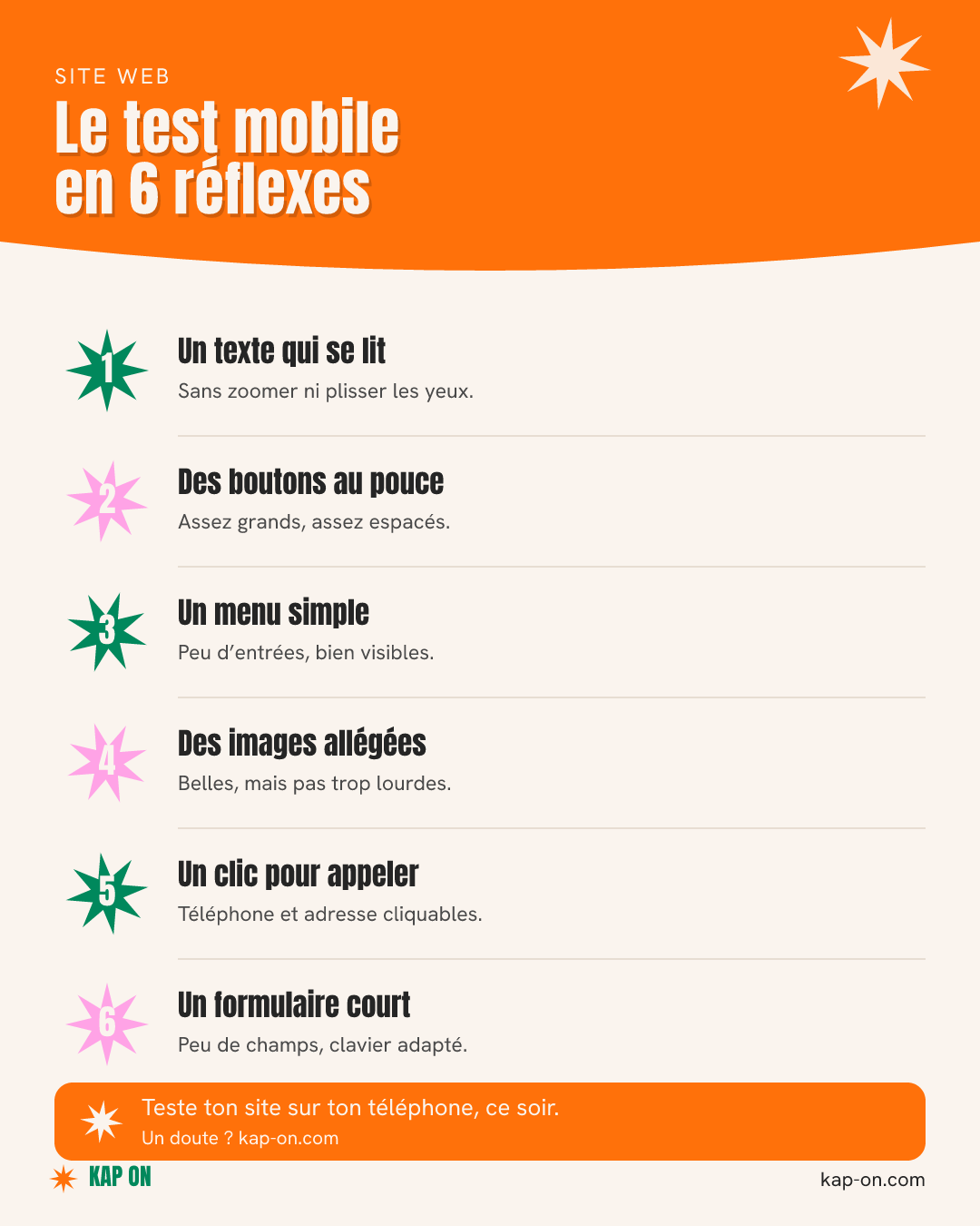 Le test mobile en 6 réflexes : infographie Kap On